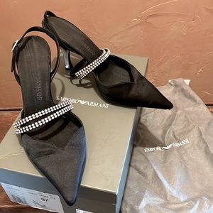 ARMANI black and silver d’orsay pump with detached rhinestone straps